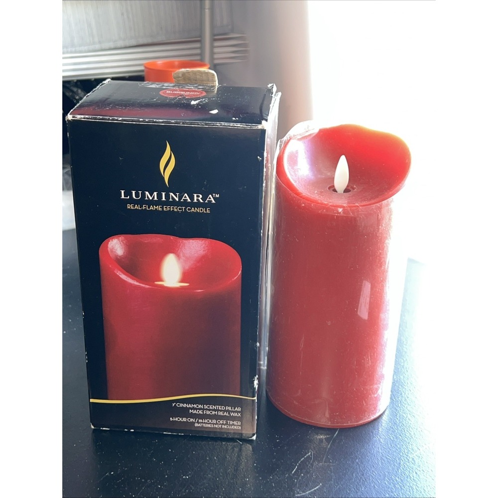 Luminara Cinnamon Scented Flameless Pillar Wax Candle Burgundy w. Timer 3.5"x7"